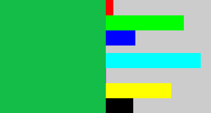 Hex color #13bd47 - shamrock green
