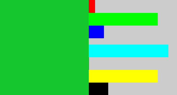 Hex color #13c72c - green