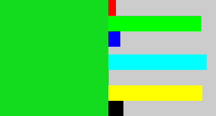 Hex color #13db1d - vibrant green