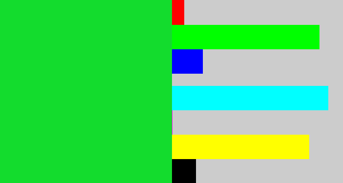 Hex color #13dc2d - vibrant green