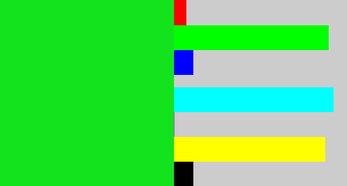 Hex color #13e31d - vibrant green