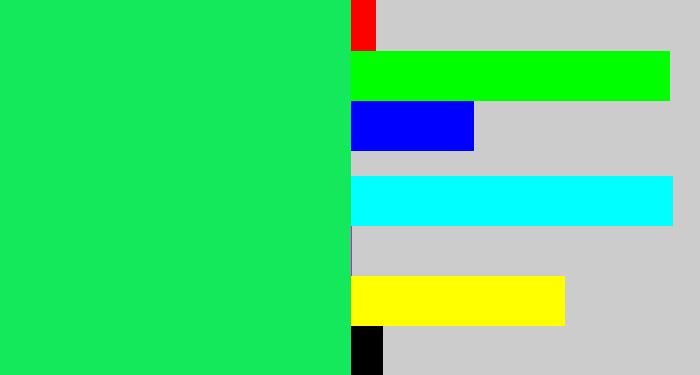 Hex color #13e95a - tealish green