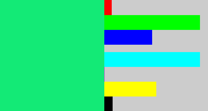 Hex color #13ea76 - tealish green
