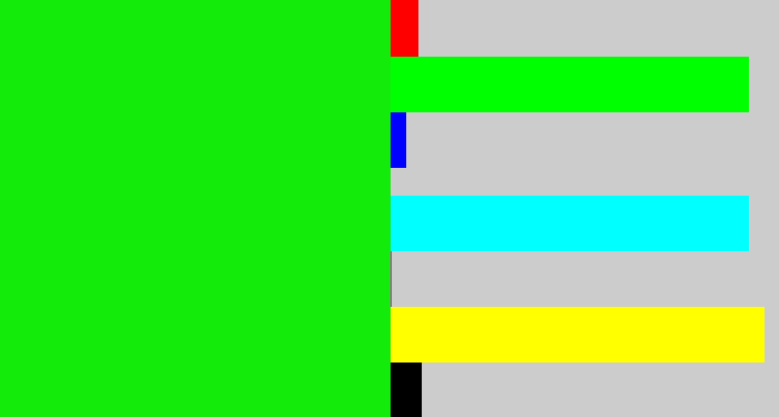 Hex color #13eb0a - vibrant green