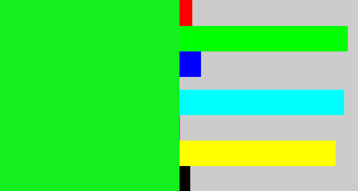 Hex color #13ef1f - neon green