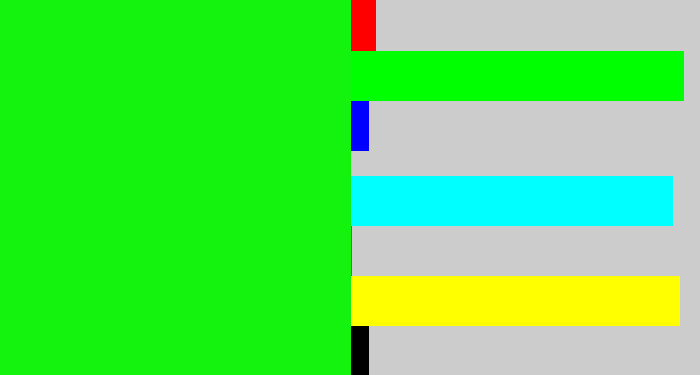 Hex color #13f30e - neon green