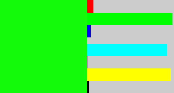 Hex color #13fa0a - neon green