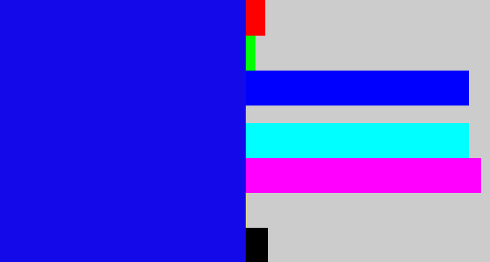 Hex color #1409e8 - ultramarine blue