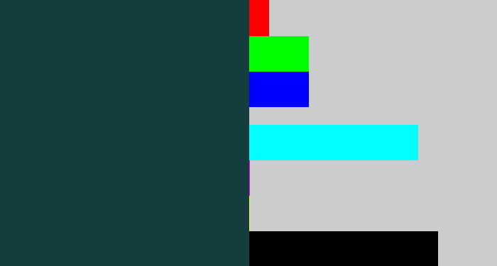 Hex color #143e3e - dark blue grey