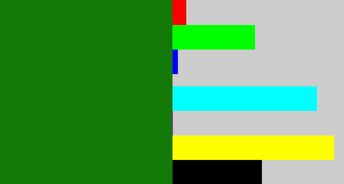 Hex color #147a07 - tree green