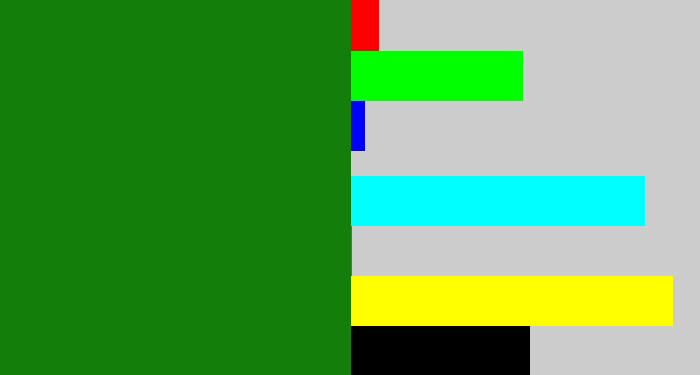 Hex color #147e0a - true green