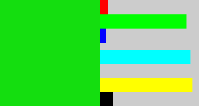 Hex color #14de0f - vibrant green