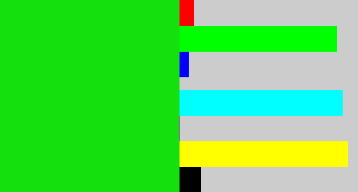 Hex color #14e00e - vibrant green