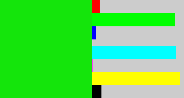 Hex color #14e50b - vibrant green