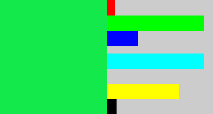 Hex color #14e94b - bright light green