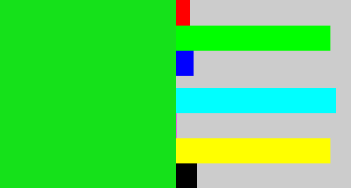 Hex color #15e11a - vibrant green