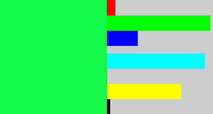 Hex color #15f84a - bright light green