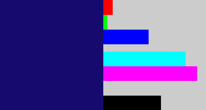 Hex color #160a6f - deep blue