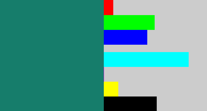 Hex color #167d6b - blue green