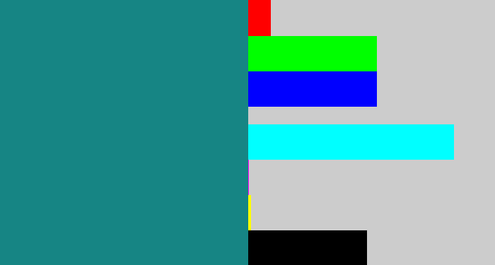 Hex color #168584 - greenish blue