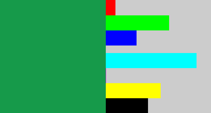 Hex color #169a4a - emerald
