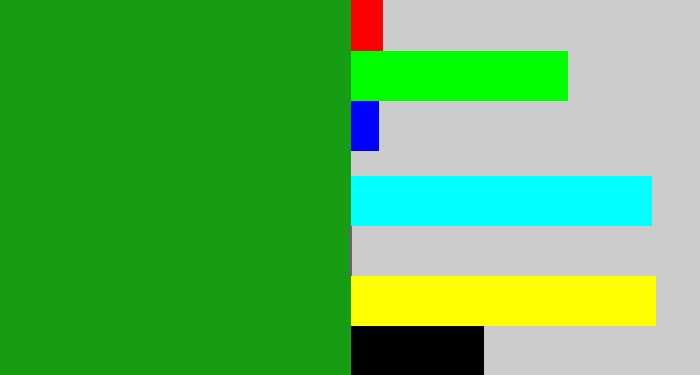 Hex color #169d14 - green