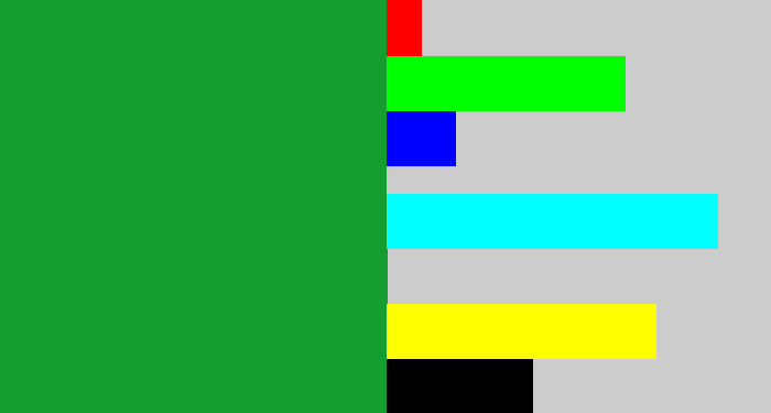Hex color #169d2f - irish green