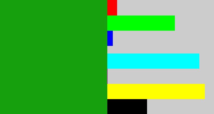 Hex color #16a00e - green