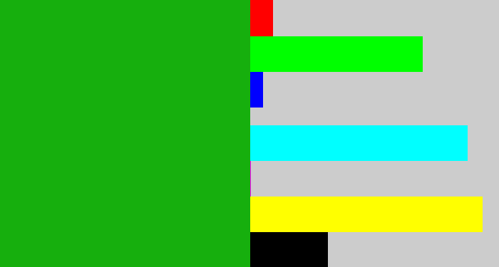 Hex color #16af0d - green