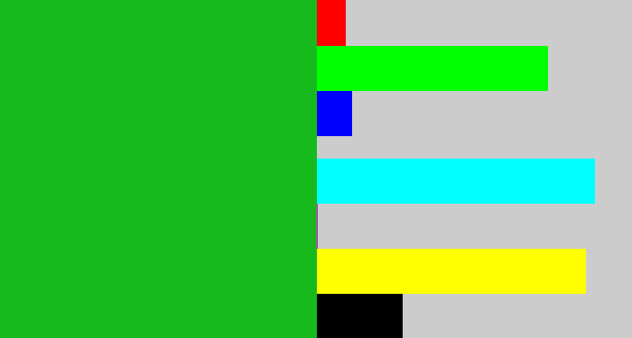 Hex color #16ba1c - green
