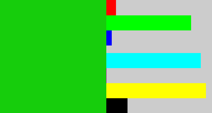 Hex color #16cd0c - vibrant green