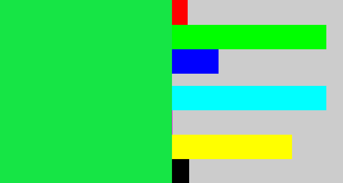 Hex color #16e545 - bright light green