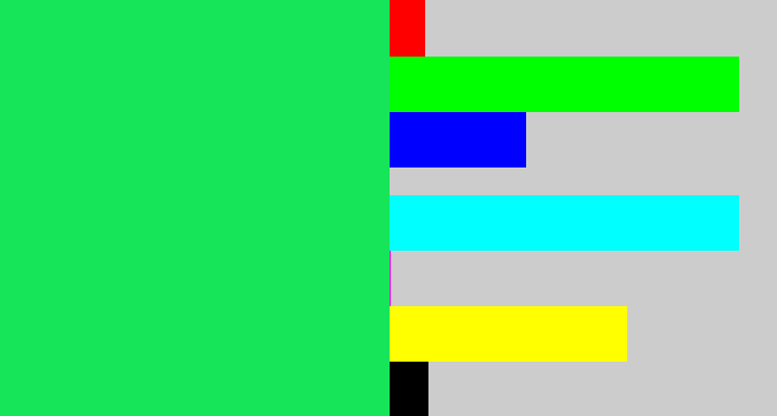 Hex color #16e55a - tealish green