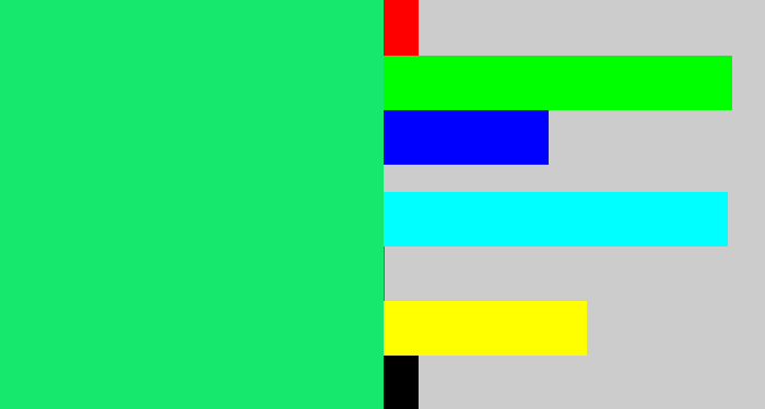 Hex color #16e76d - tealish green