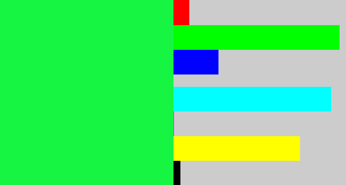Hex color #16f542 - bright light green