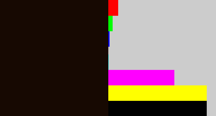 Hex color #170902 - very dark brown