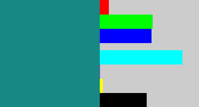 Hex color #178884 - greenish blue