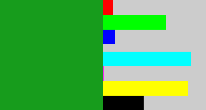 Hex color #179c1c - green