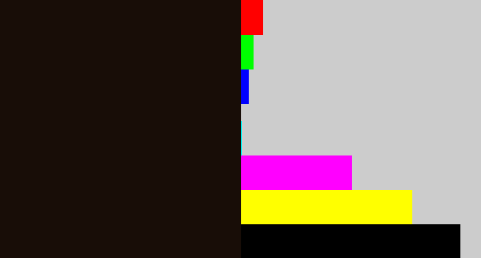 Hex color #180d07 - very dark brown