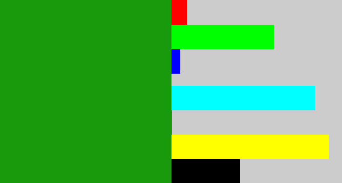 Hex color #189a0c - true green