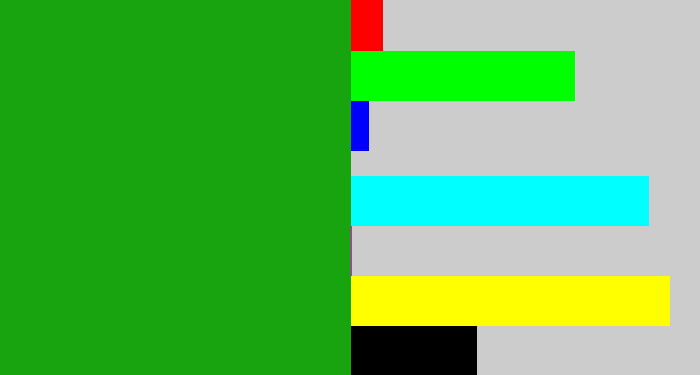 Hex color #18a40e - green