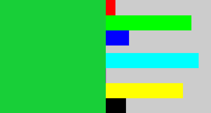 Hex color #18cf38 - shamrock green