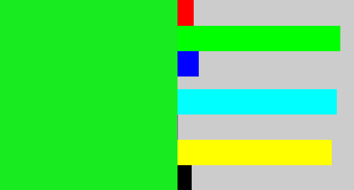 Hex color #18eb1f - radioactive green