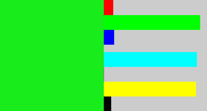 Hex color #18ec1a - electric green