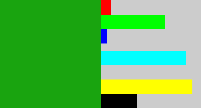 Hex color #19a40f - green