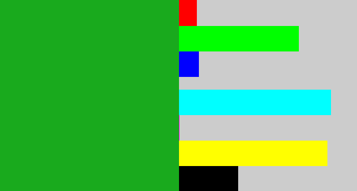 Hex color #19aa1d - green