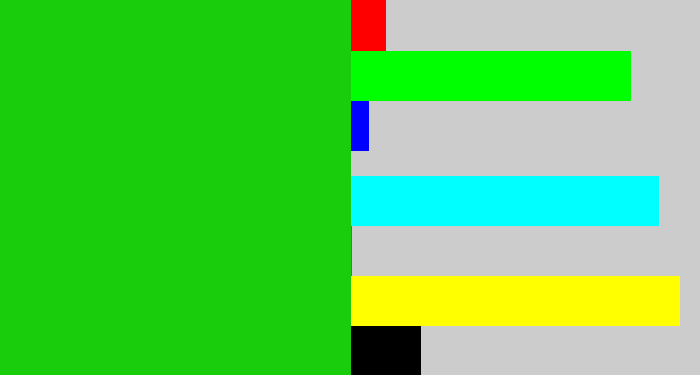 Hex color #19cc0c - vibrant green