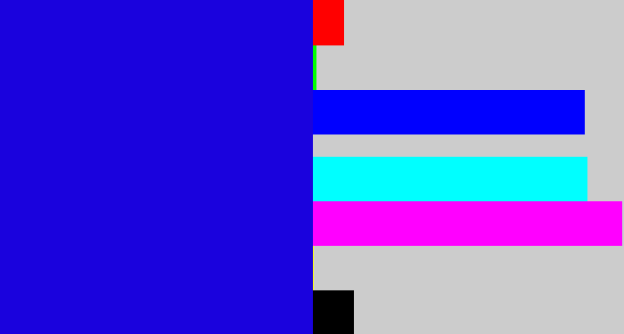 Hex color #1a02dd - ultramarine blue
