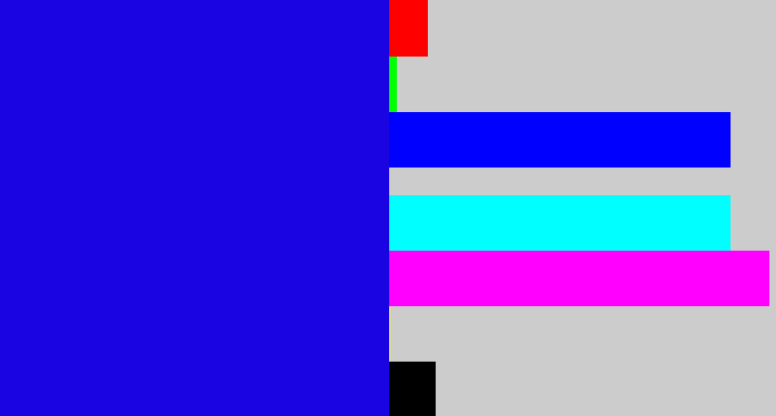 Hex color #1a04e1 - ultramarine blue