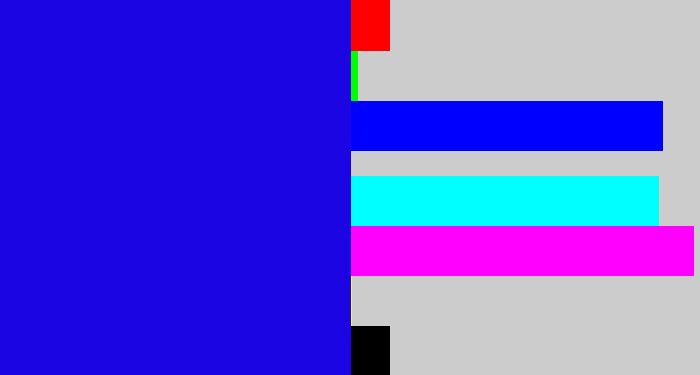 Hex color #1b05e2 - ultramarine blue